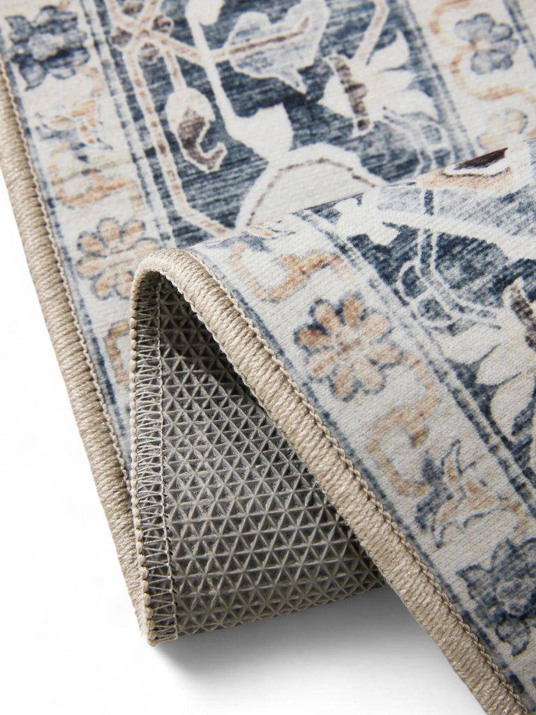 Tapis vintage motif ethnique blanc et bleu lavable 60x120 cm