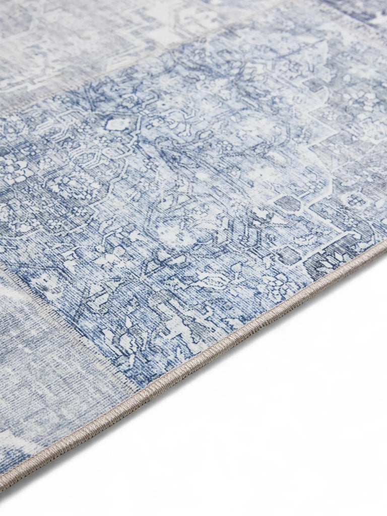 Tapis patchwork vintage bleu lavable 80x150 cm