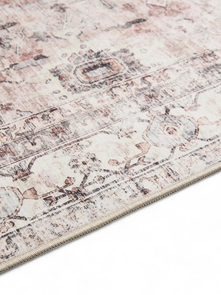 Tapis vintage motif ethnique beige et blanc lavable 60x120 cm
