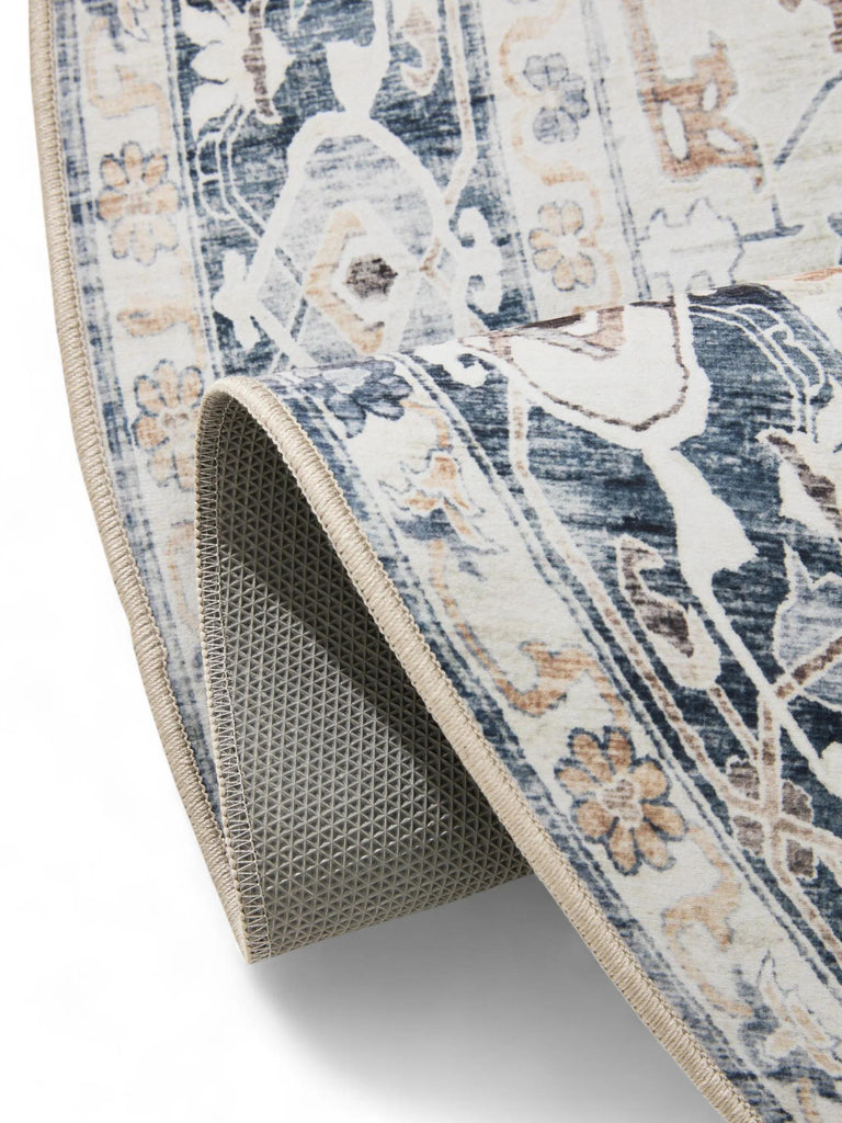Tapis vintage motif ethnique rond blanc et bleu lavable 160 cm de diamètre