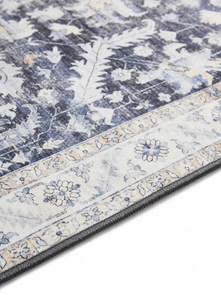 Tapis vintage motif floral bleu et beige lavable 140x200 cm