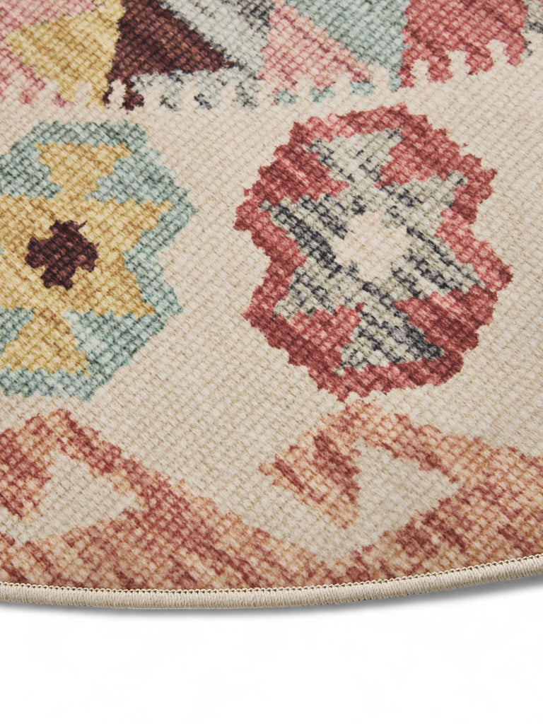 Tapis ethnique tons clairs rond multicolore lavable 120 cm de diamètre