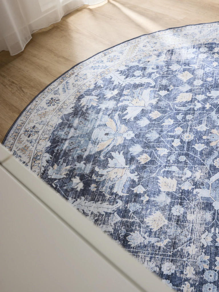 Tapis vintage motif floral rond bleu et beige lavable 120 cm de diamètre