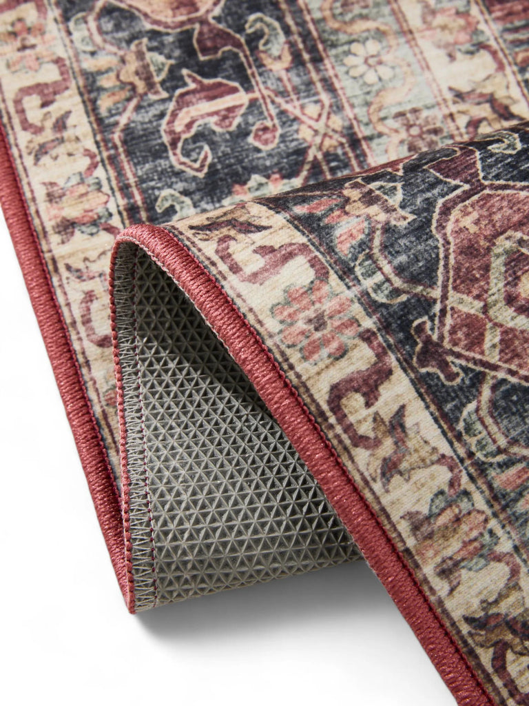 Tapis vintage motif ethnique bordeaux et noir lavable 200x300 cm