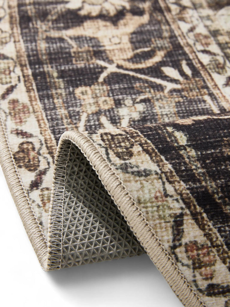 Tapis oriental vintage rond gris et marron lavable 120 cm de diamètre