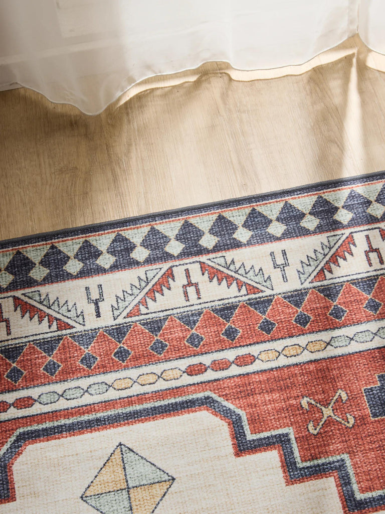 Tapis ethnique inspiration oriental rouge et beige lavable 300x400 cm