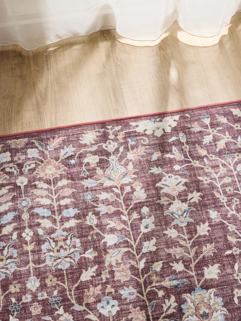 Tapis ethnique motif floral bordeaux lavable 80x150 cm