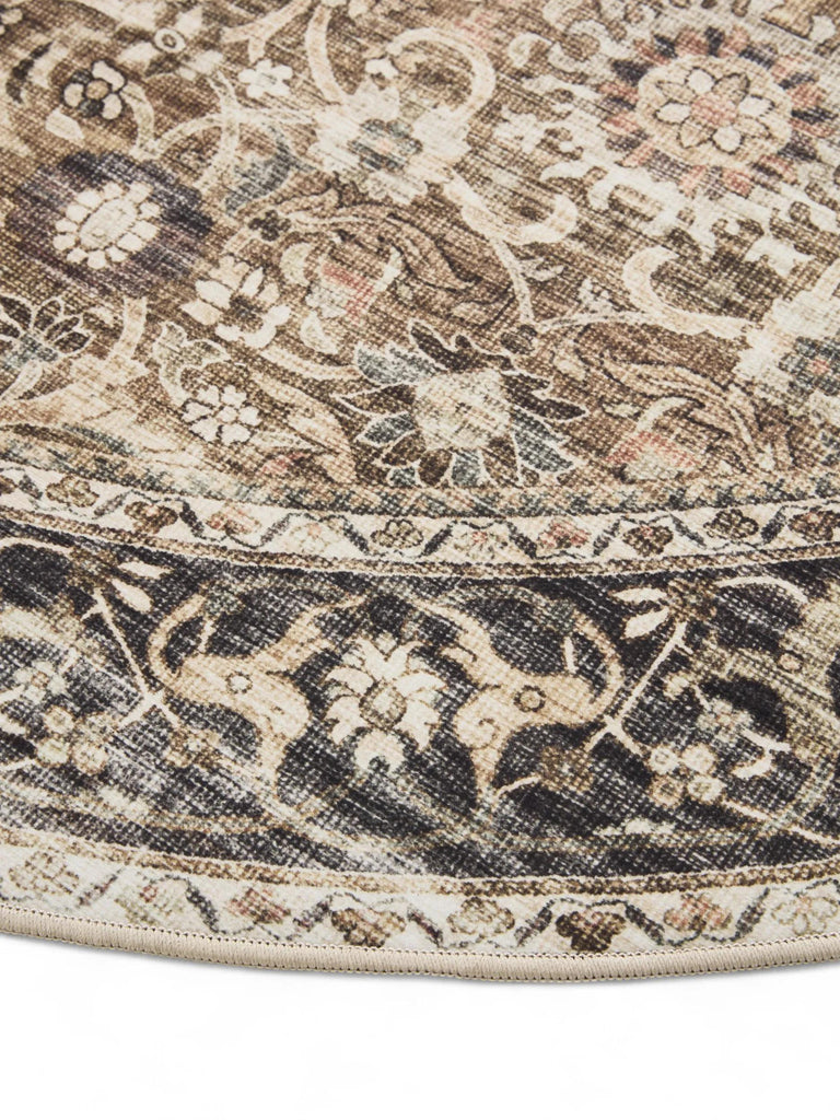 Tapis oriental vintage rond gris et marron lavable 120 cm de diamètre