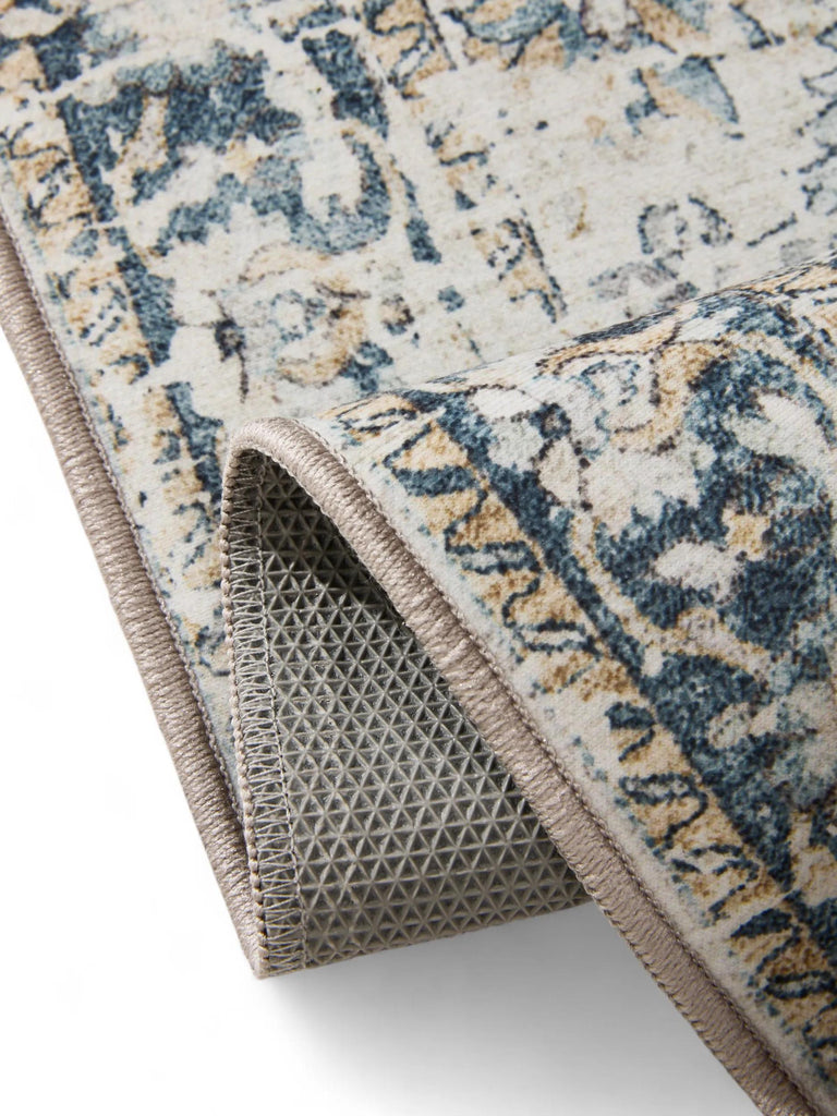 Tapis vintage motif floral beige et bleu lavable 160x230 cm