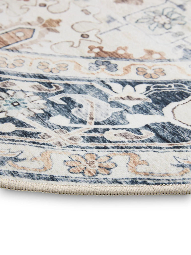 Tapis vintage motif ethnique rond blanc et bleu lavable 160 cm de diamètre