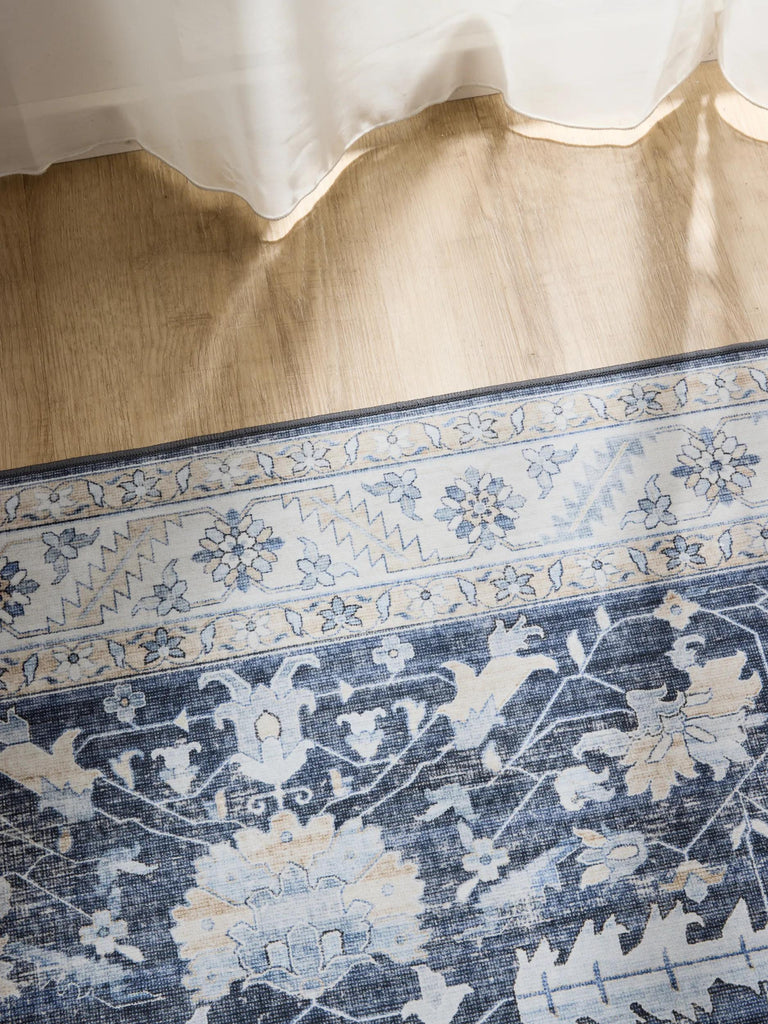 Tapis vintage motif floral bleu et beige lavable 60x120 cm