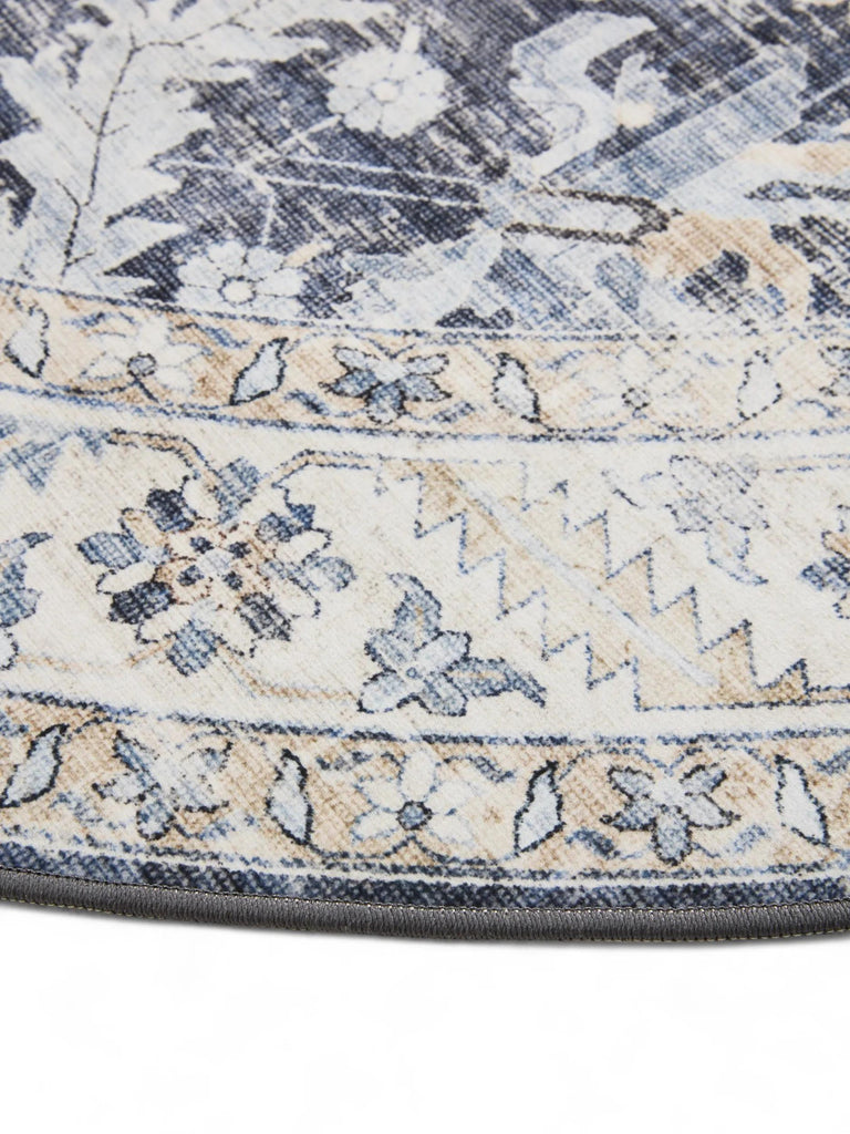 Tapis vintage motif floral rond bleu et beige lavable 160 cm de diamètre