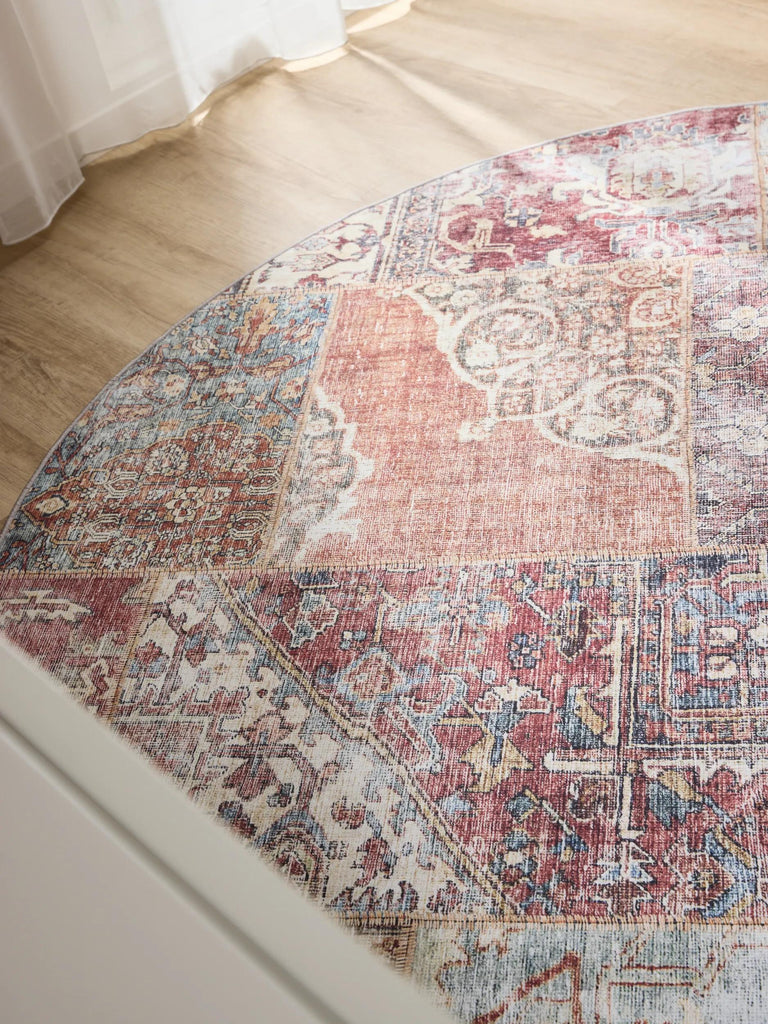 Tapis patchwork vintage rond marron et bordeaux lavable 120 cm de diamètre