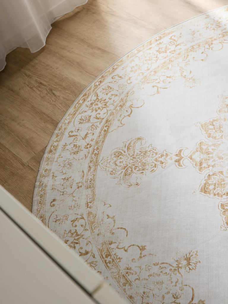 Tapis vintage inspiration oriental rond beige lavable 160 cm de diamètre