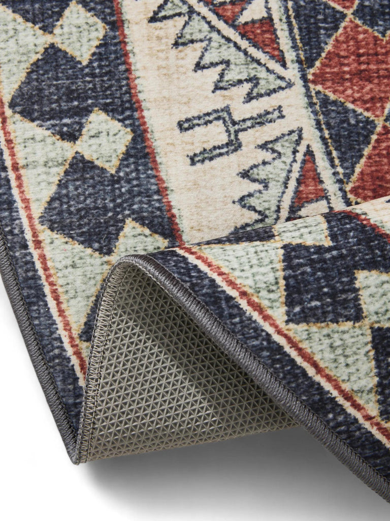 Tapis ethnique inspiration oriental rond rouge et beige lavable 160 cm de diamètre