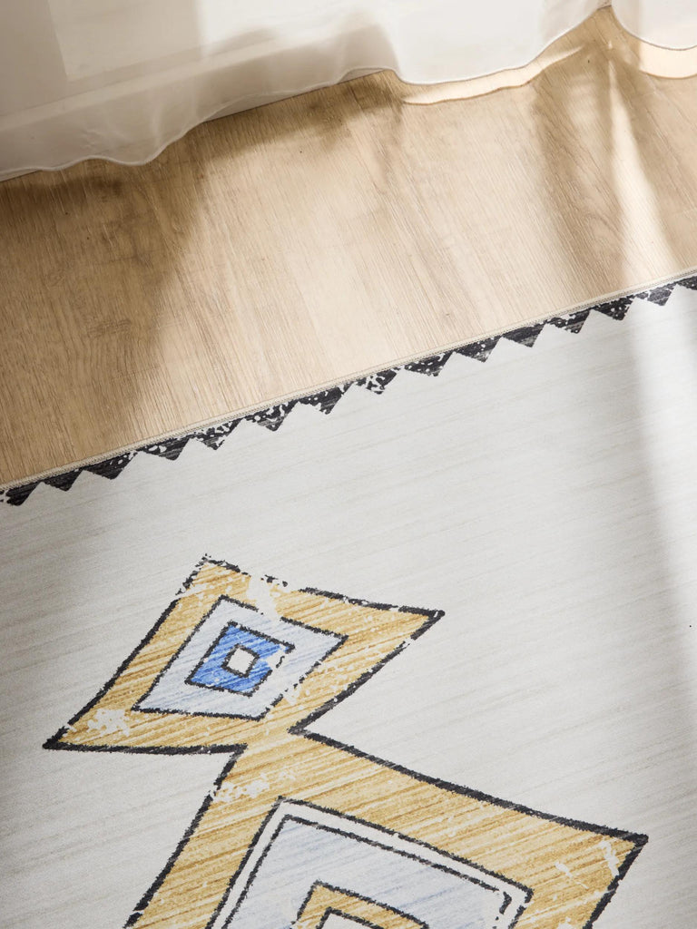 Tapis ethnique inspiration berbère beige et bleu lavable 60x120 cm