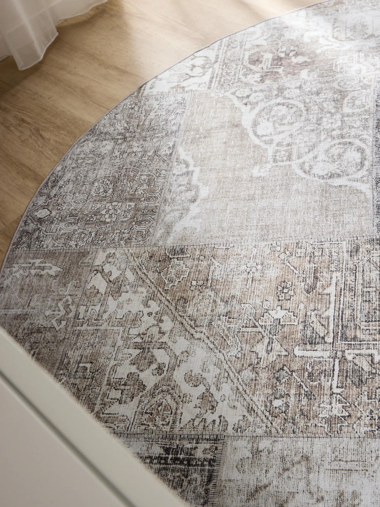 Tapis patchwork vintage rond gris lavable 160 cm de diamètre