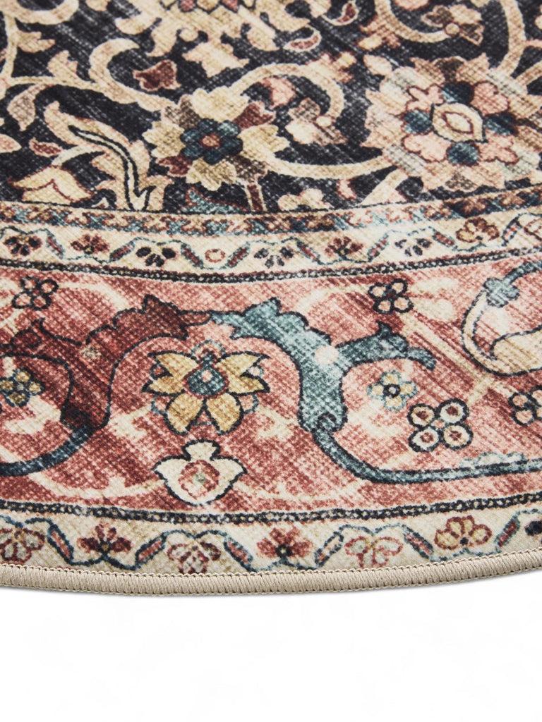 Tapis oriental vintage rond noir et marron lavable 160 cm de diamètre