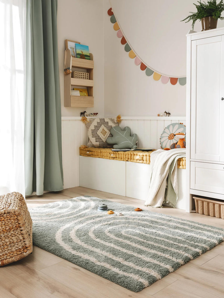 Tapis moderne motif arches enfant verte sauge et beige 160x230 cm