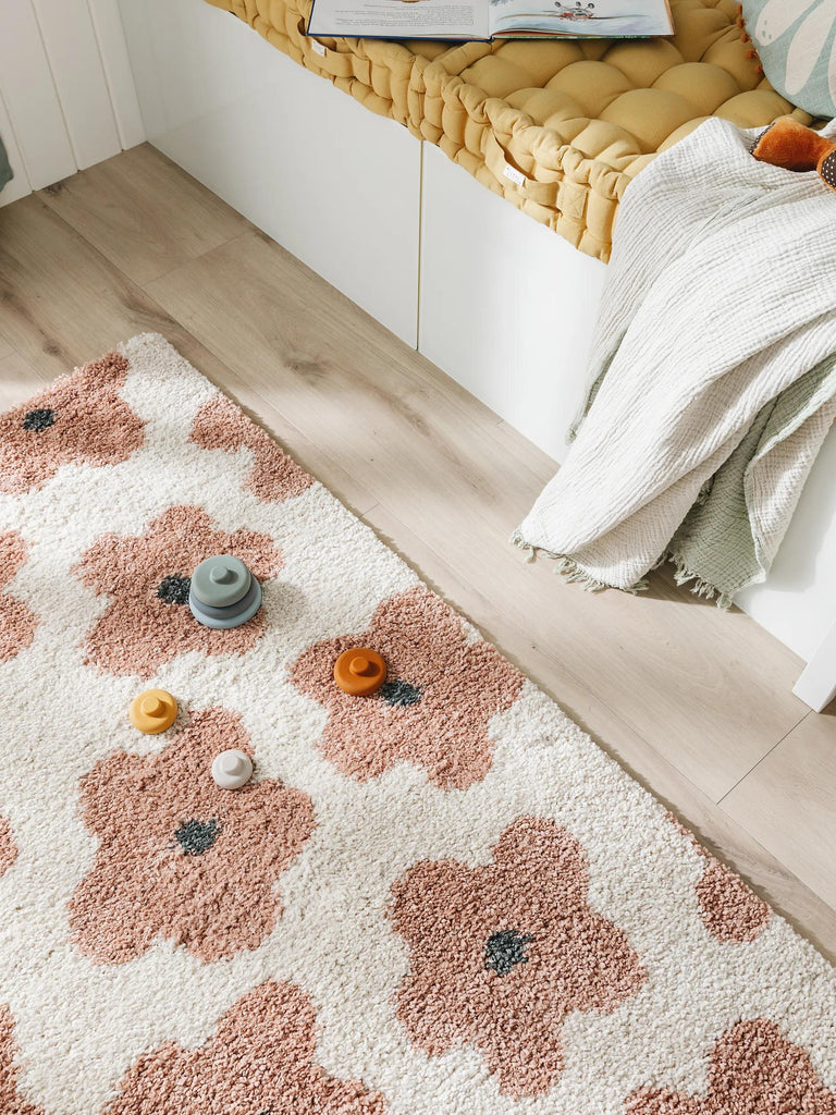 Tapis retro motif floral enfant terracotta et beige 160x230 cm