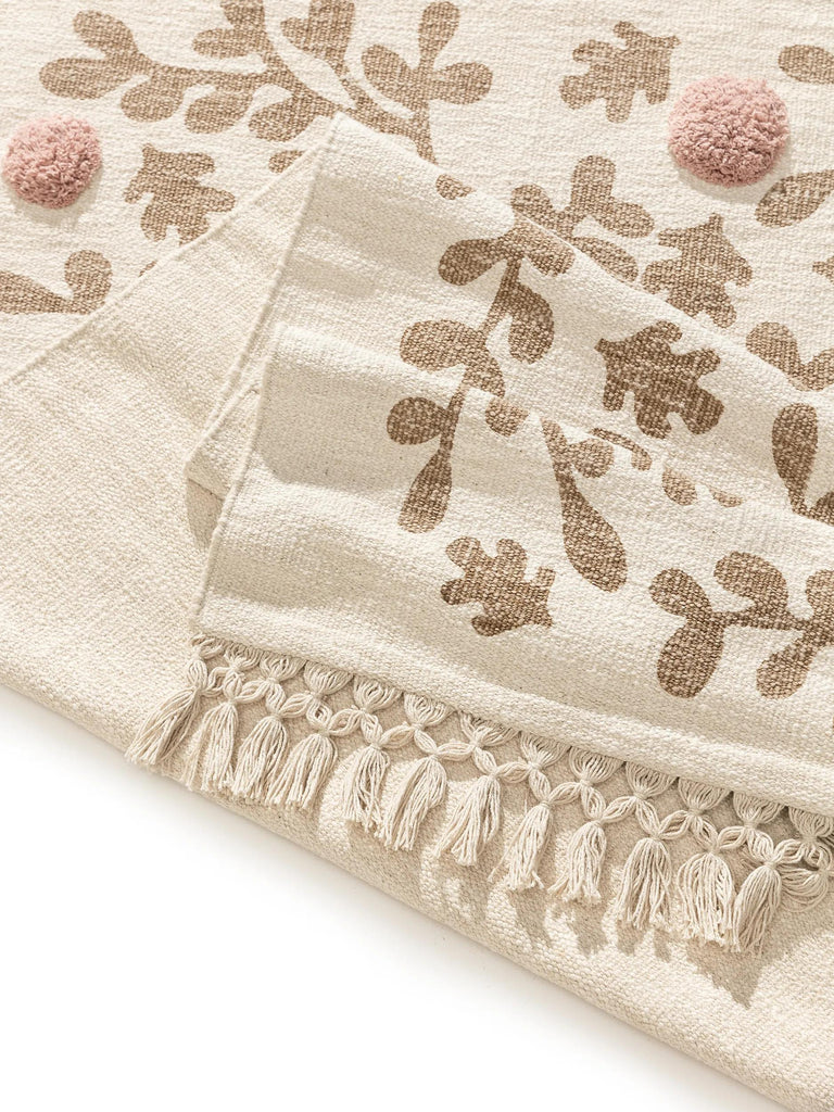 Tapis design motif à fleurs avec franges enfant crème et rose en coton 90x130 cm