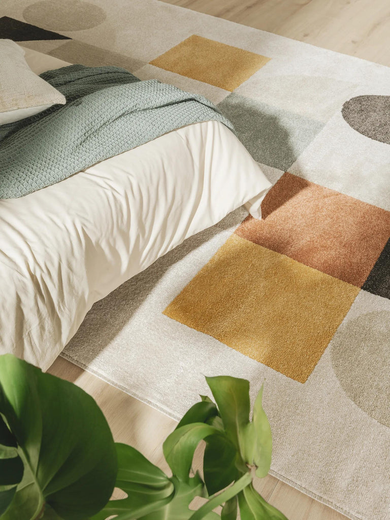 Tapis contemporain motif géométrique beige et multicolore 80x150 cm