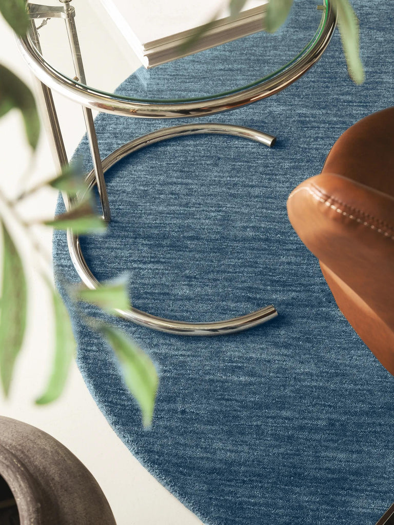 Tapis moderne chiné rond bleu en laine 160 cm de diamètre