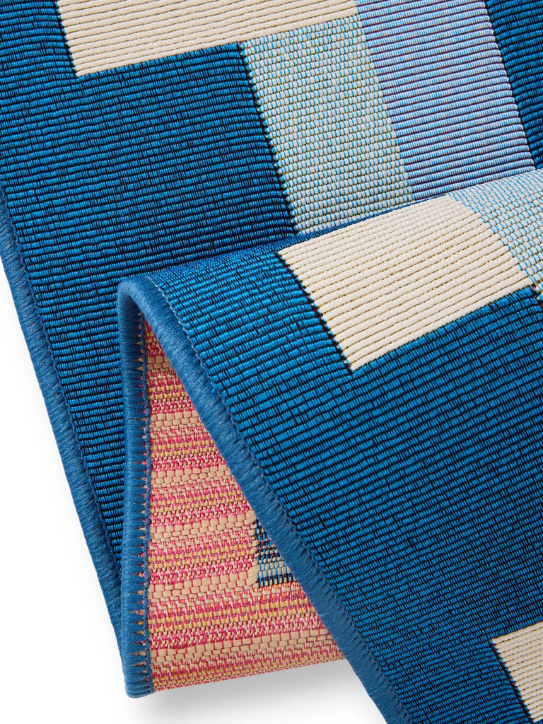 Tapis géométrique quadrillé de couloir bleu et beige d'intérieur et d'extérieur 80x250 cm