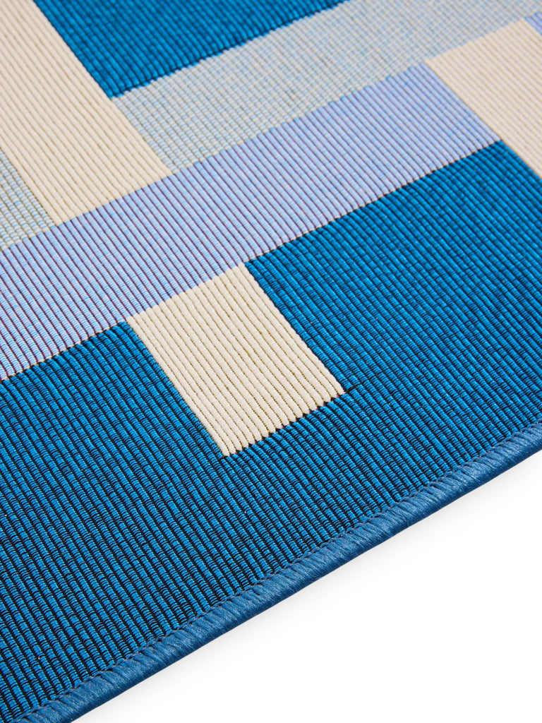 Tapis géométrique quadrillé de couloir bleu et beige d'intérieur et d'extérieur 80x250 cm