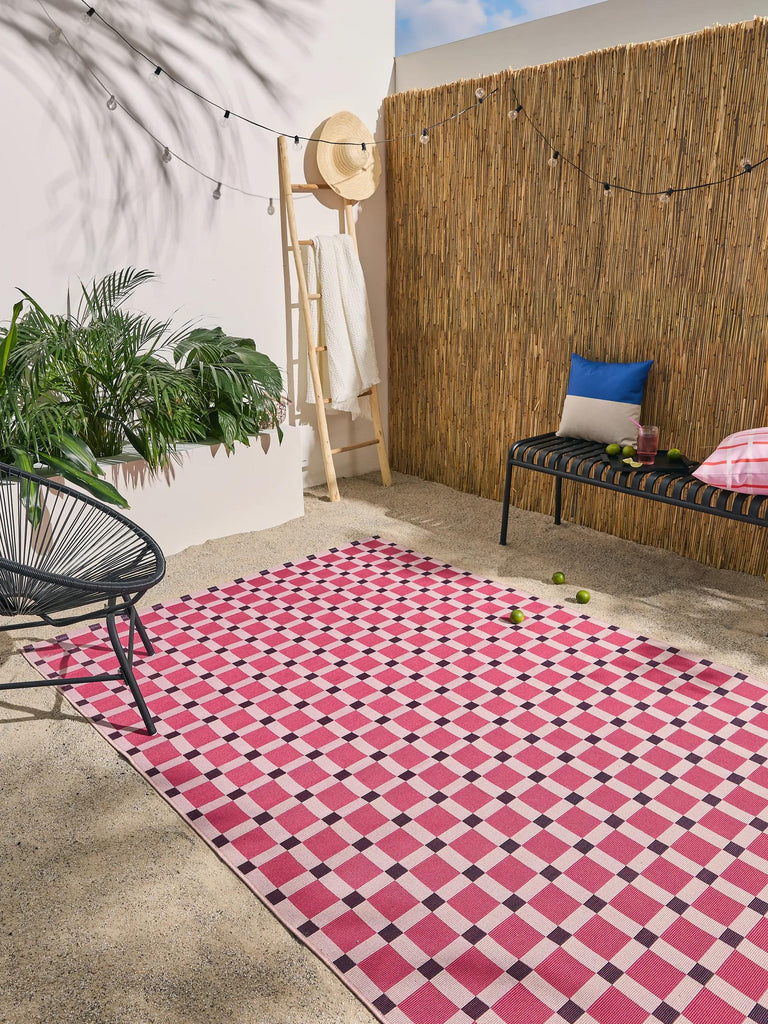 Tapis contemporain quadrillé rose d'intérieur et d'extérieur 200x285 cm