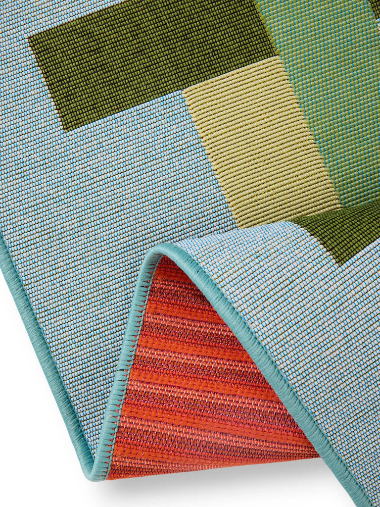 Tapis géométrique quadrillé vert et bleu d'intérieur et d'extérieur 200x285 cm