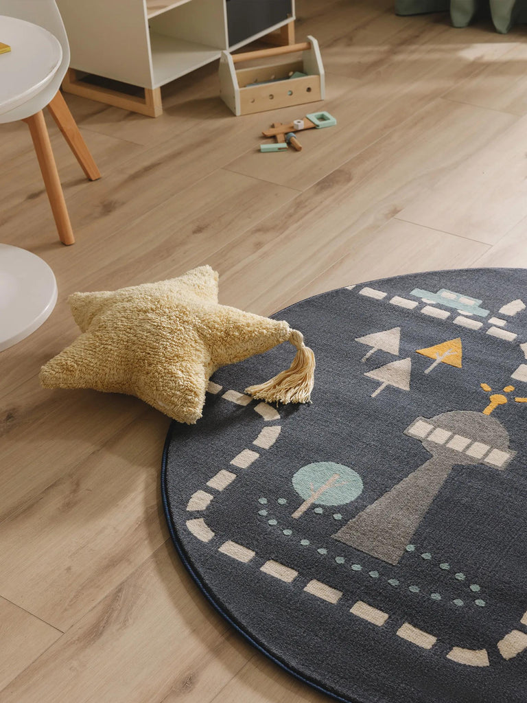 Tapis moderne dessin de ville rond enfant bleu 120 cm de diamètre