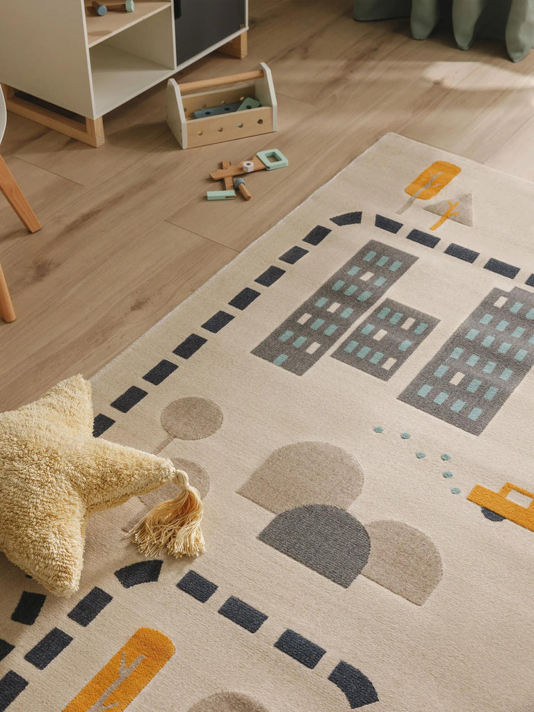 Tapis moderne dessin de ville enfant beige 120x170 cm