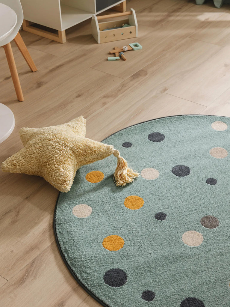 Tapis moderne motif à pois rond enfant bleu et multicolore 120 cm de diamètre