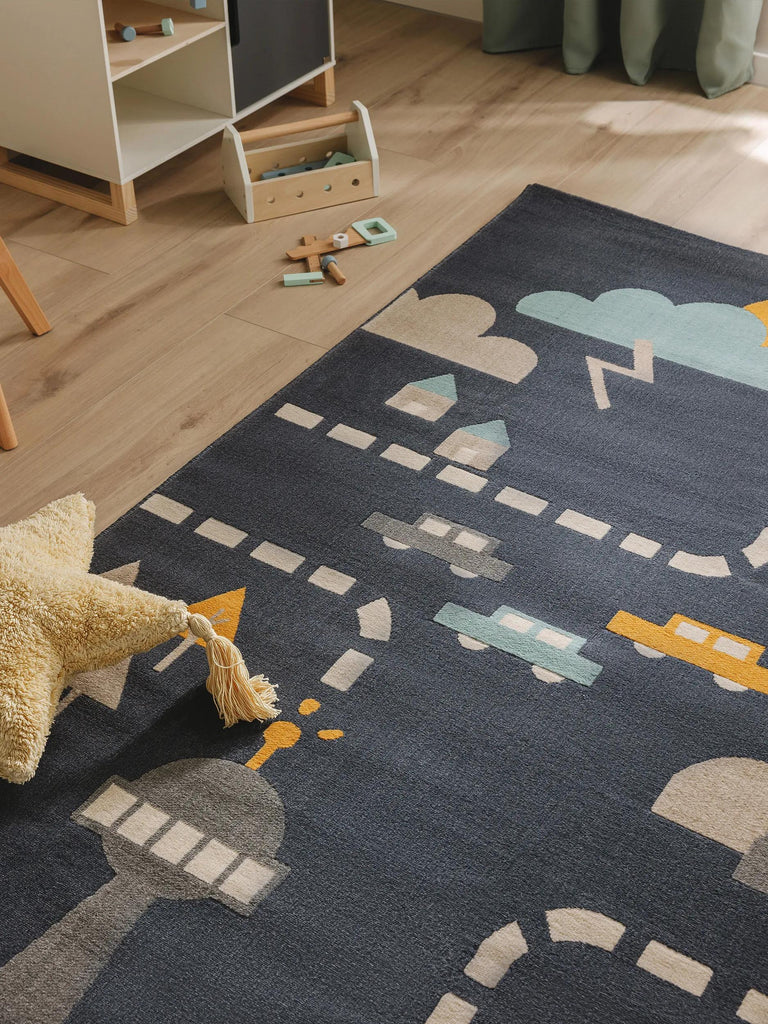Tapis moderne dessin de ville enfant bleu 120x170 cm