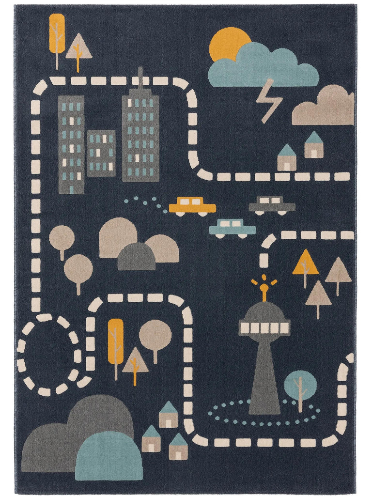 Tapis moderne dessin de ville enfant bleu 160x230 cm