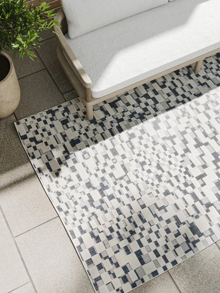 Tapis patchwork abstrait bleu et gris d'intérieur et d'extérieur 120x170 cm