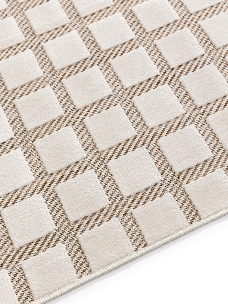 Tapis géométrique motif damier relief de couloir crème d'intérieur et d'extérieur 70x200 cm