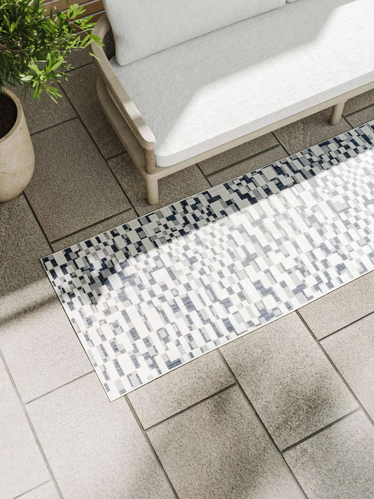 Tapis patchwork abstrait de couloir bleu et gris d'intérieur et d'extérieur 70x200 cm