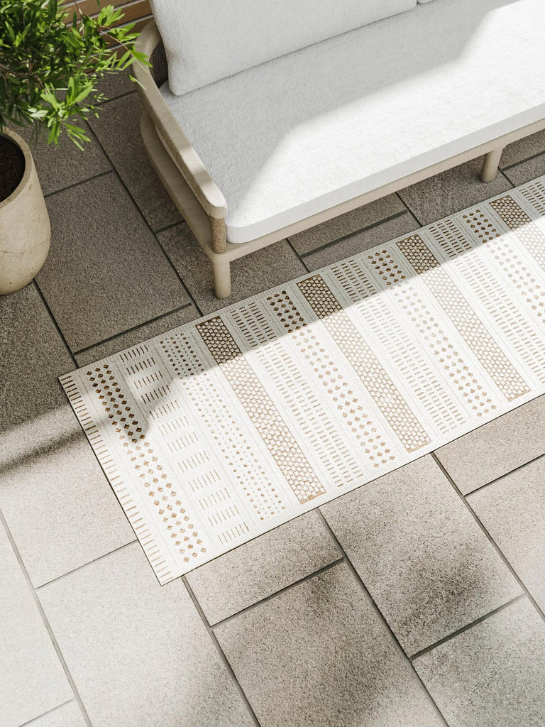 Tapis ethnique motif géométrique de couloir crème d'intérieur et d'extérieur 70x200 cm