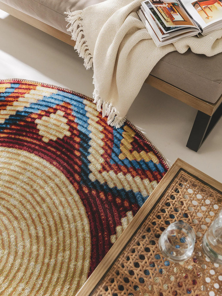 Tapis ethnique imprimé tressé rond multicolore d'intérieur et d'extérieur 160 cm de diamètre