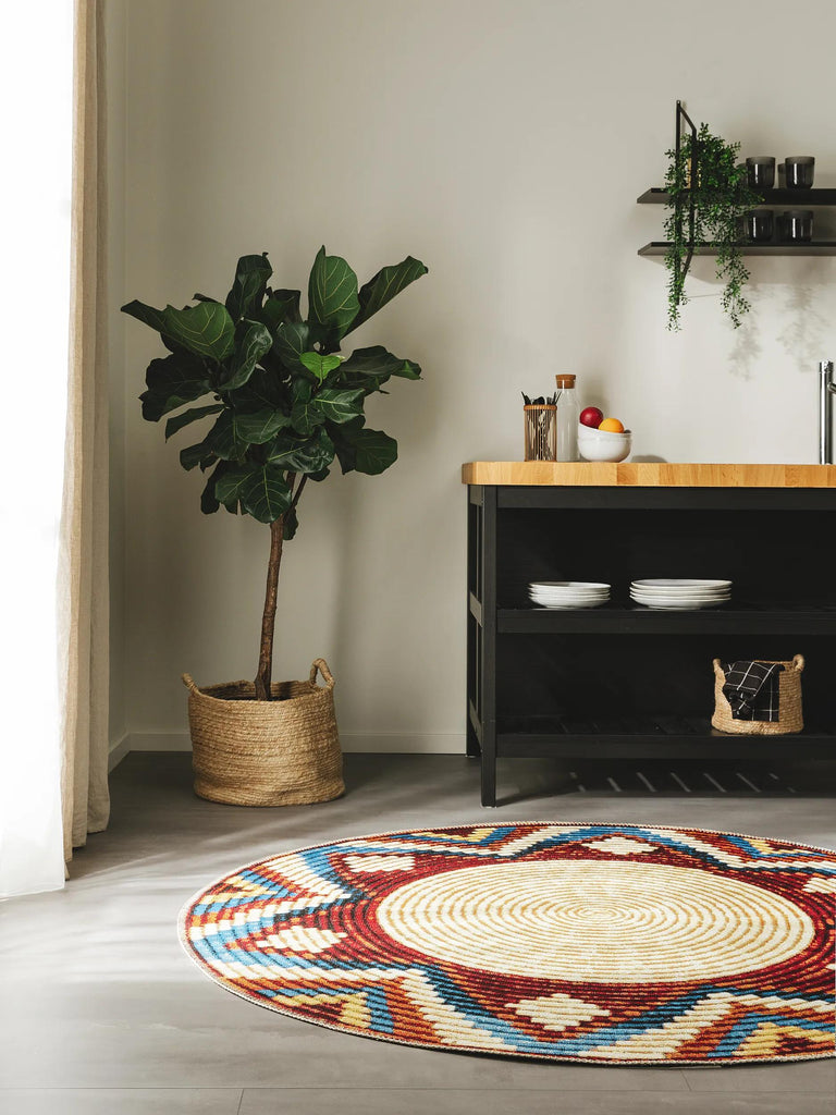 Tapis ethnique imprimé tressé rond multicolore d'intérieur et d'extérieur 160 cm de diamètre