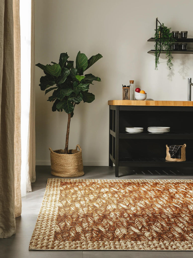 Tapis ethnique imprimé tressé crème et beige d'intérieur et d'extérieur 160x235 cm