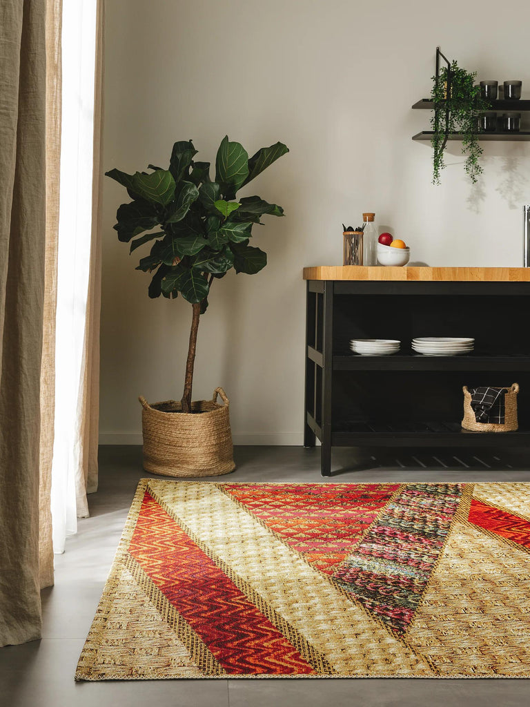 Tapis ethnique imprimé tressé beige et rouge d'intérieur et d'extérieur 160x235 cm