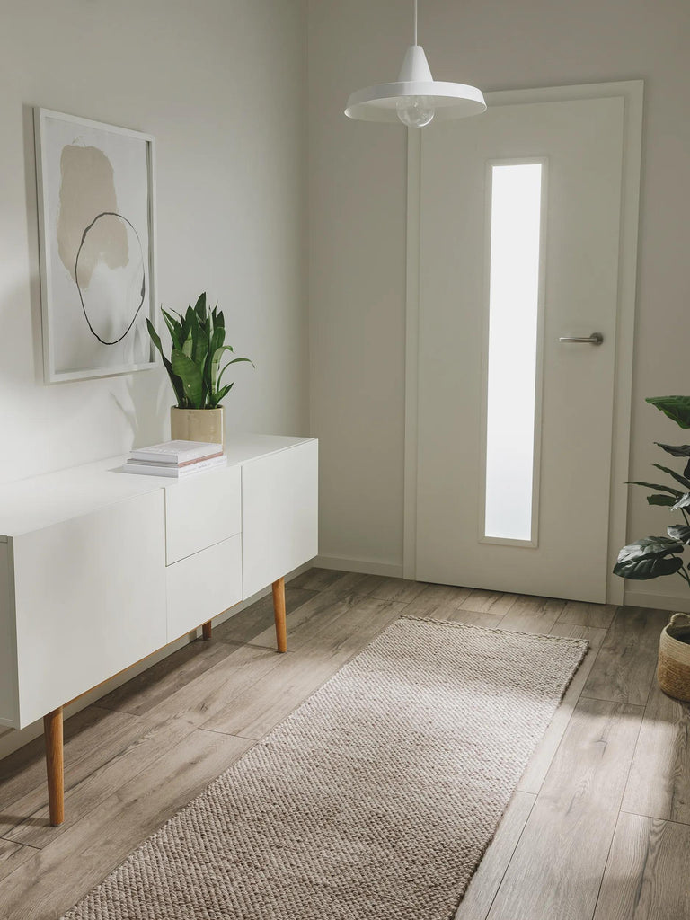 Tapis scandinave tressé de couloir crème et taupe 70x200 cm