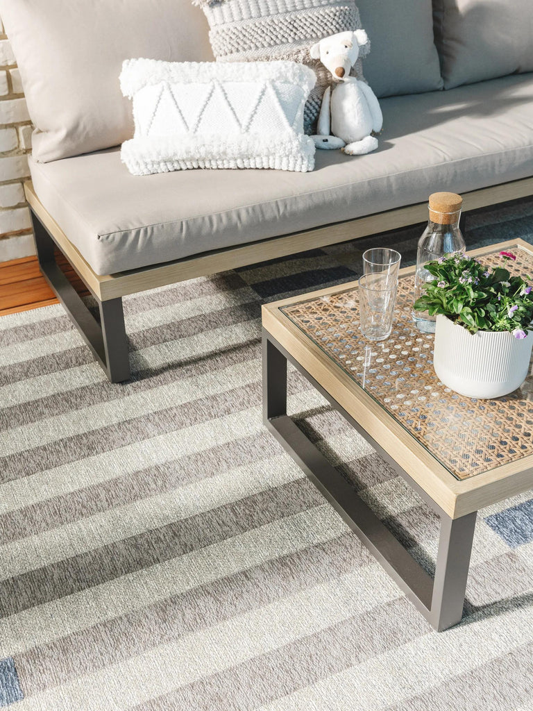 Tapis géométrique rayé gris et bleu d'intérieur et d'extérieur 200x290 cm