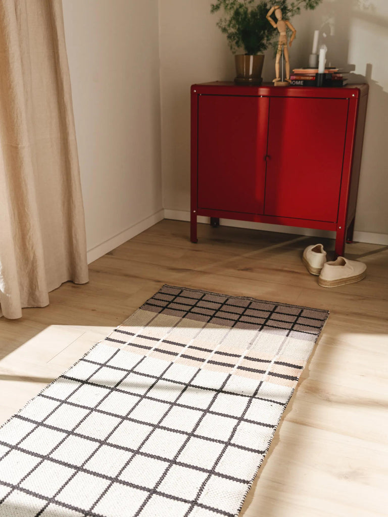 Tapis rétro grille de couloir beige et marron en coton 70x200 cm