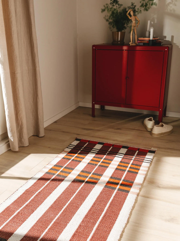 Tapis rétro grille de couloir marron et rouge en coton 70x200 cm