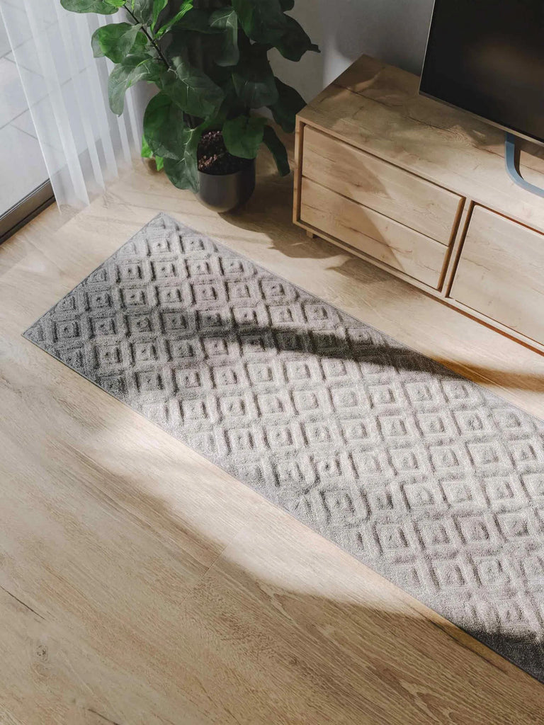 Tapis moderne motif losange relief de couloir gris 70x200 cm