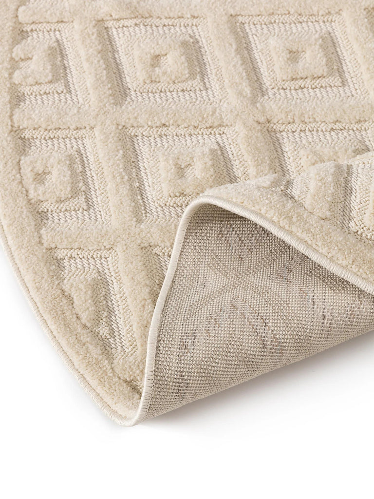 Tapis moderne motif losange relief rond beige 160 cm de diamètre